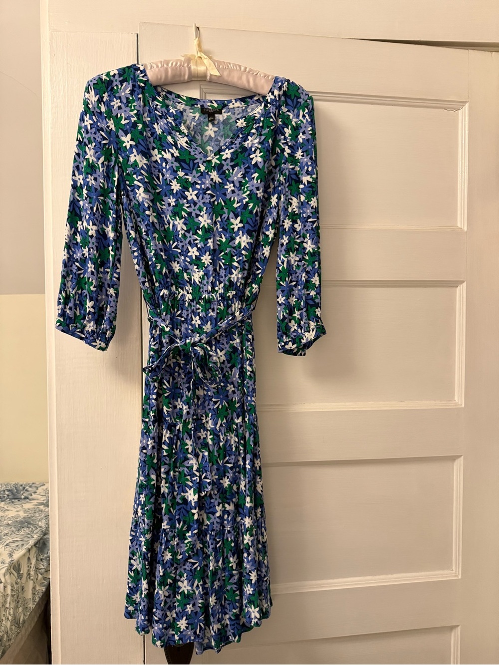 Talbots Blue, Green & White Floral Midi Dress with Tie Waist